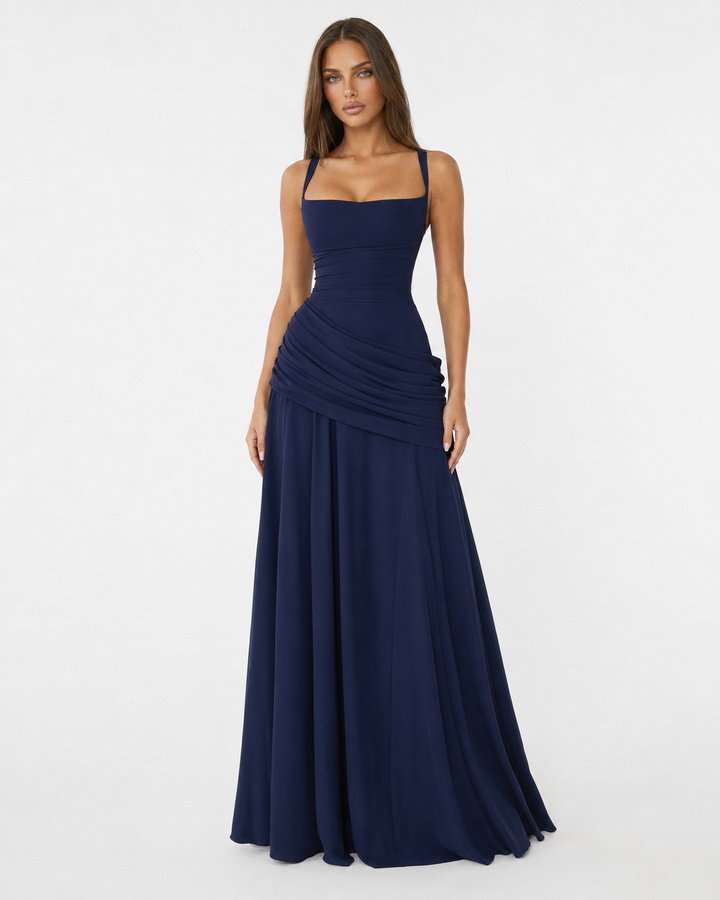 Wedding Guest Maxi Dress With Square Neck, Gathered Waist & Back Lace-Up
