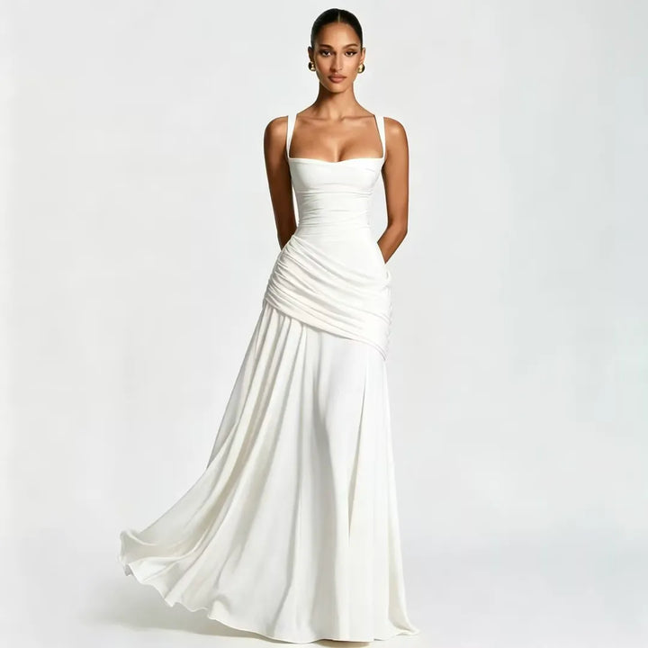 Wedding Guest Maxi Dress With Square Neck, Gathered Waist & Back Lace-Up