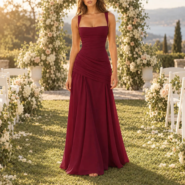 Wedding Guest Maxi Dress With Square Neck, Gathered Waist & Back Lace-Up