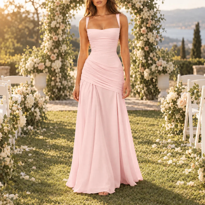 Wedding Guest Maxi Dress With Square Neck, Gathered Waist & Back Lace-Up