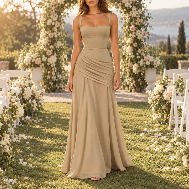 Wedding Guest Maxi Dress With Square Neck, Gathered Waist & Back Lace-Up