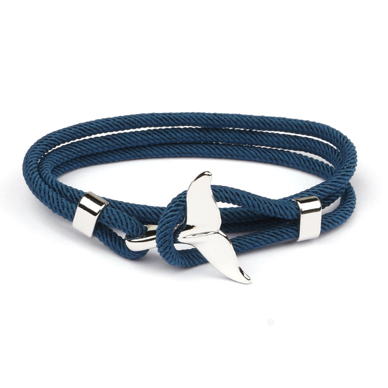 Blaues Herrenarmband mit Walflossen-Anker, mehrlagig, maritimer Schmuck, Edelstahlverschluss.