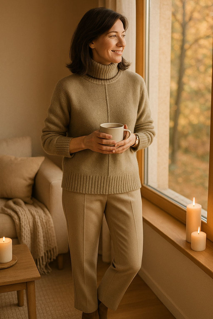 Blød kaschmirmix damesweater med høj krave – Liv