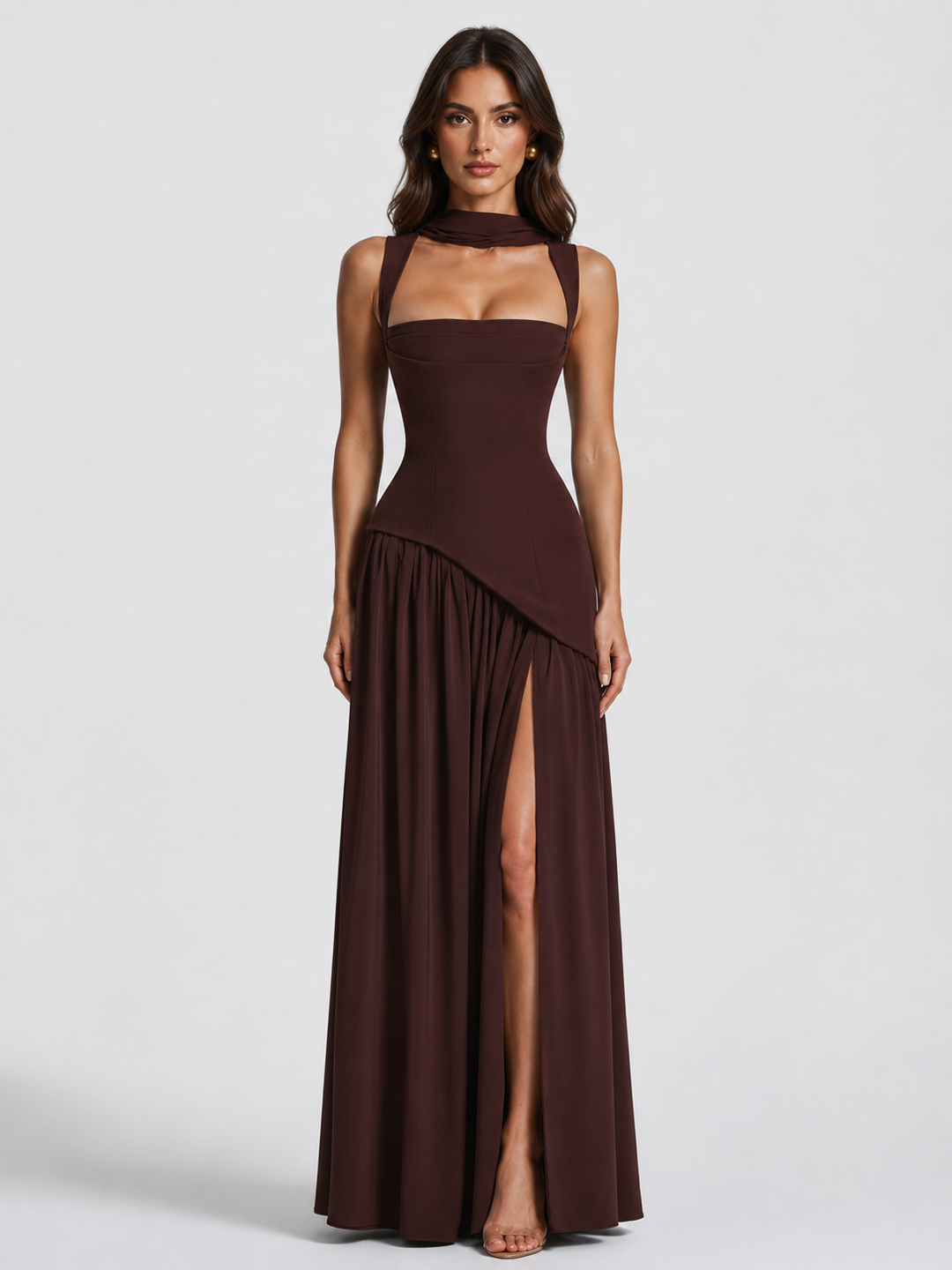 Sculpted Draped Satin-Feel Maxi Dress 1