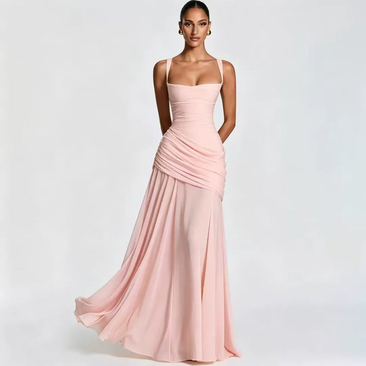 Women's Maxi Dress with Square Neck, Gathered Waist & Back Lace-Up