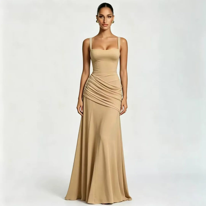 Women's Maxi Dress with Square Neck, Gathered Waist & Back Lace-Up
