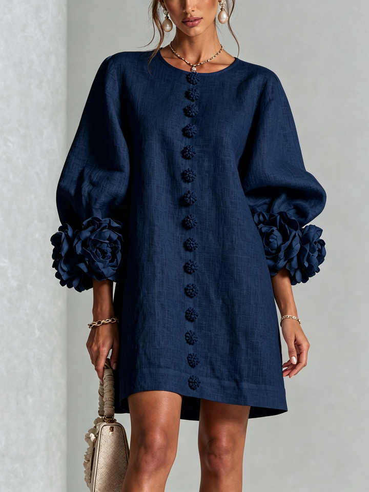 Women's Linen Puff Long Sleeve Tunic Mini Shift Dress 11