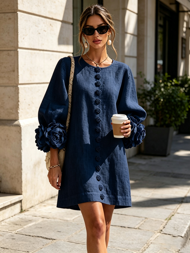 Women's Linen Puff Long Sleeve Tunic Mini Shift Dress 14