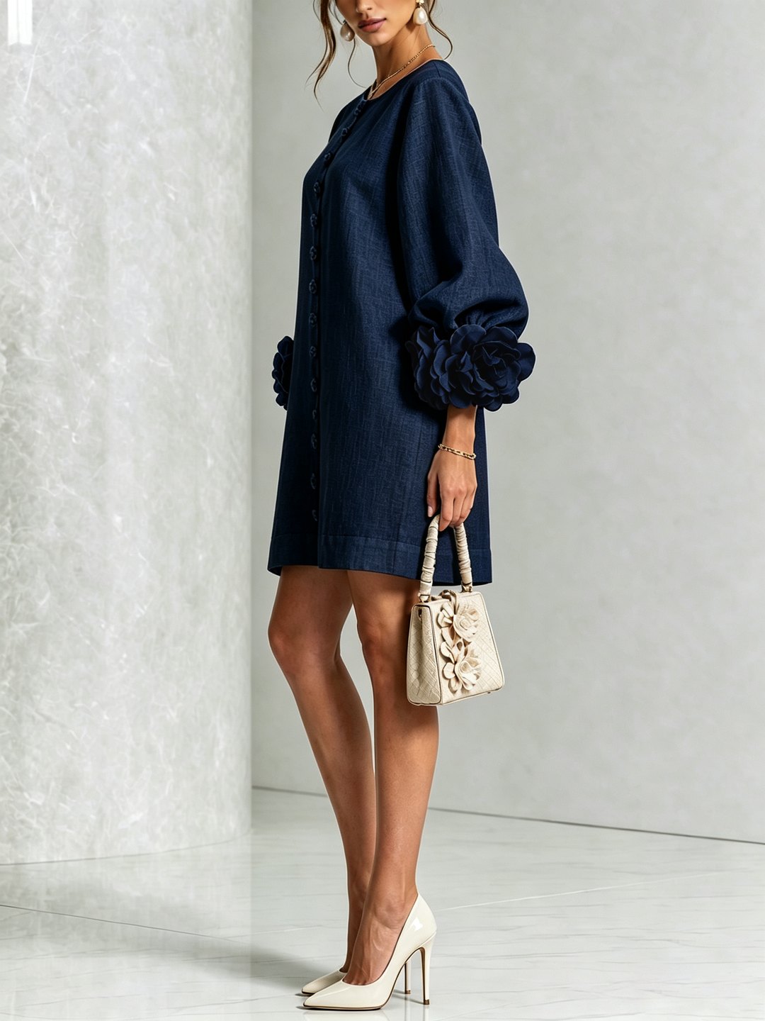 Elegant A-Line Dress with Volume Sleeves and Floral Buttons 12