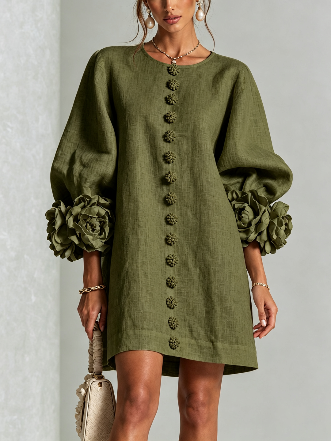 Elegant A-Line Dress with Volume Sleeves and Floral Buttons 7