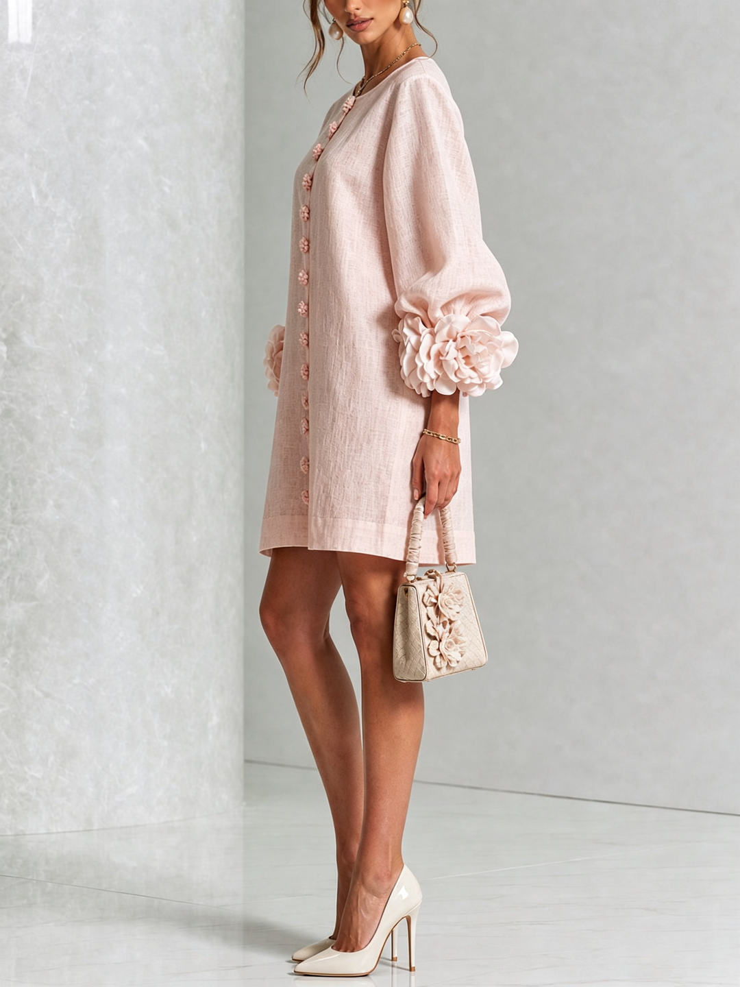 Elegant A-Line Dress with Volume Sleeves and Floral Buttons 20