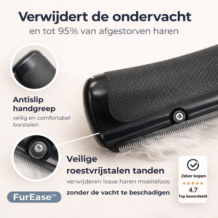 Detaljegrafik af børsten med skridsikkert greb og rustfri stålstænder, der glider gennem lys pels, med forklarende tekstbokse. 6