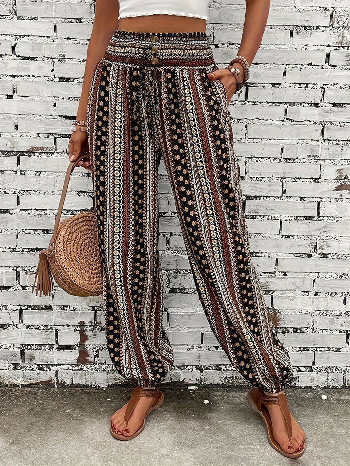Boho high-waist damebukser med print og smocket linning – Linara