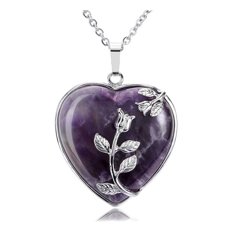 Herzförmiger Amethyst-Anhänger mit silberner Rosenverzierung, Damen-Halskette, Schmuck.