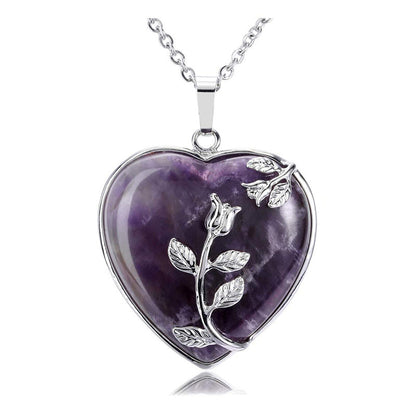 Herzförmiger Amethyst-Anhänger mit silberner Rosenverzierung, Damen-Halskette, Schmuck.