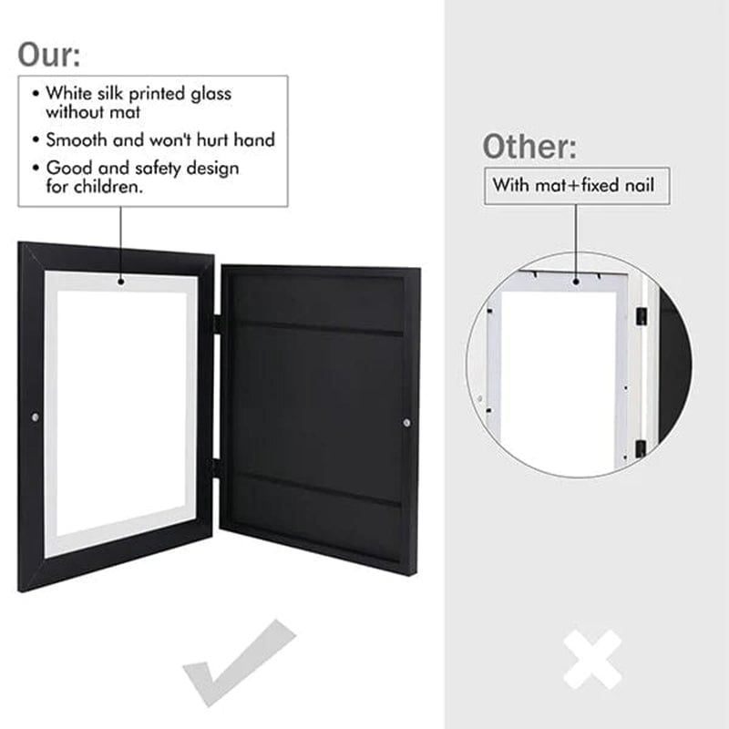 Sammenligning af sort ramme med blankt glas uden passepartout mod en anden type med passepartout og faste søm. 8