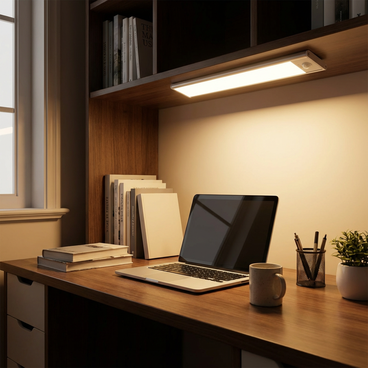 Lampe under en hylde over et skrivebord med bærbar computer, bøger, kop og penalhus i varmt lys. 4