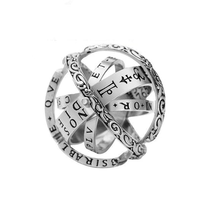 Silberner Armillarsphäre-Ring mit Gravur, verstellbar, antikes Design, Schmuck für Damen und Herren.