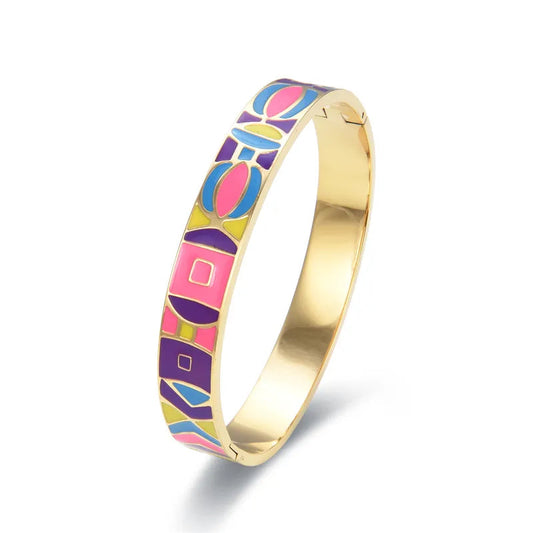 Goldener Armreif mit buntem geometrischem Muster, Emaille, Damen-Schmuck, modisch, elegant.