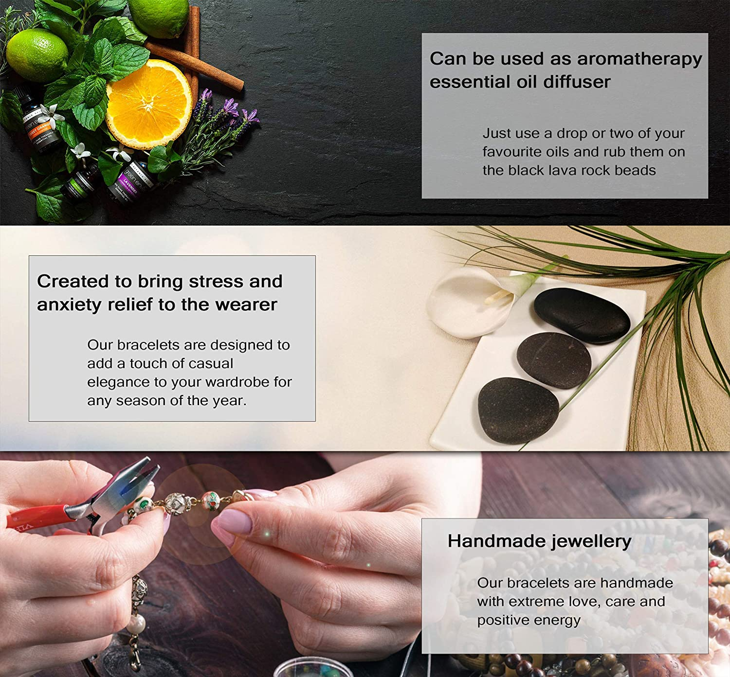 Handgemachtes Armband mit Lavastein-Perlen, ätherische Öle, Stressabbau, Aromatherapie.
