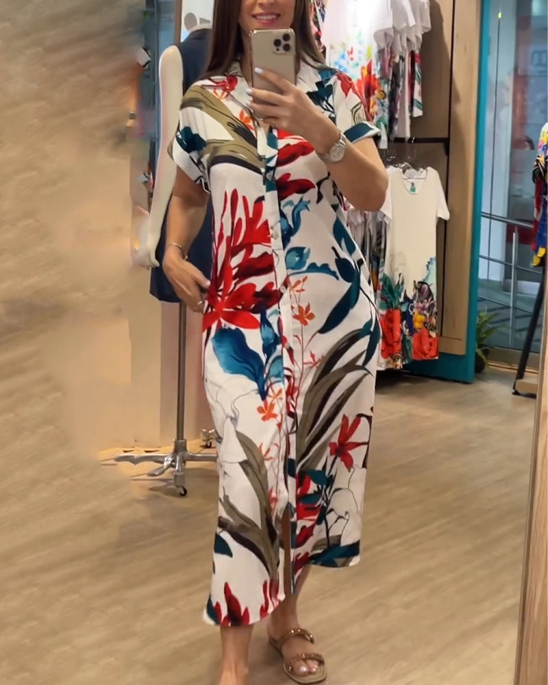 Trendy sommerskjole med print og skjortekrave – Flora