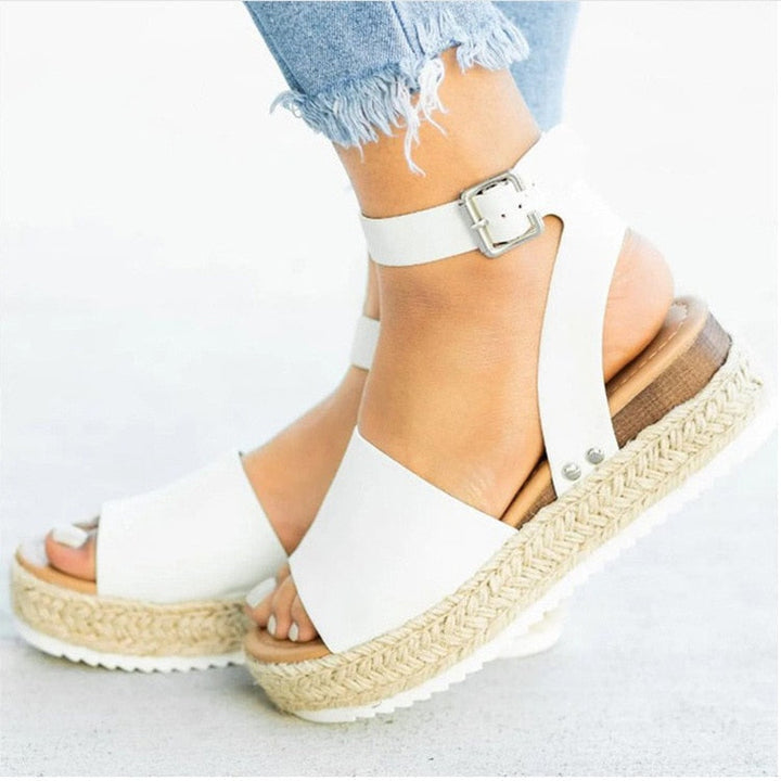 Damesandaler plateau-espadrille med kilehæl og remme – Livia