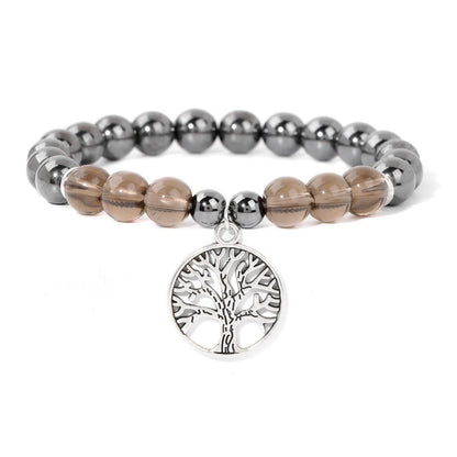 Armband mit Rauchquarz und Hämatit, Lebensbaum-Anhänger, elastisch, Schmuck für Damen und Herren.