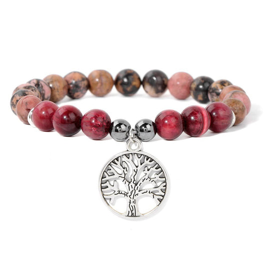 Armband mit roten und schwarzen Perlen, Lebensbaum-Anhänger, Schmuck, Edelstein, Damenaccessoire.