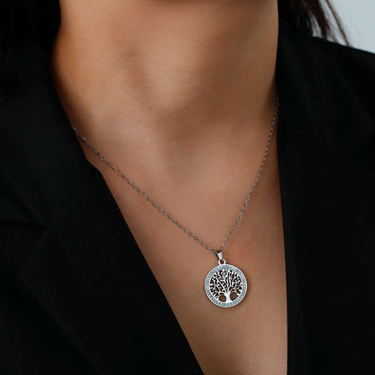 Silberne Lebensbaum-Halskette, runder Anhänger, Damen-Schmuck, elegantes Design