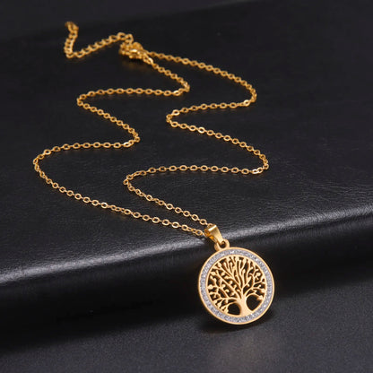 Goldene Lebensbaum-Halskette, runder Anhänger, filigranes Design, Damen-Schmuck, Geschenkidee.