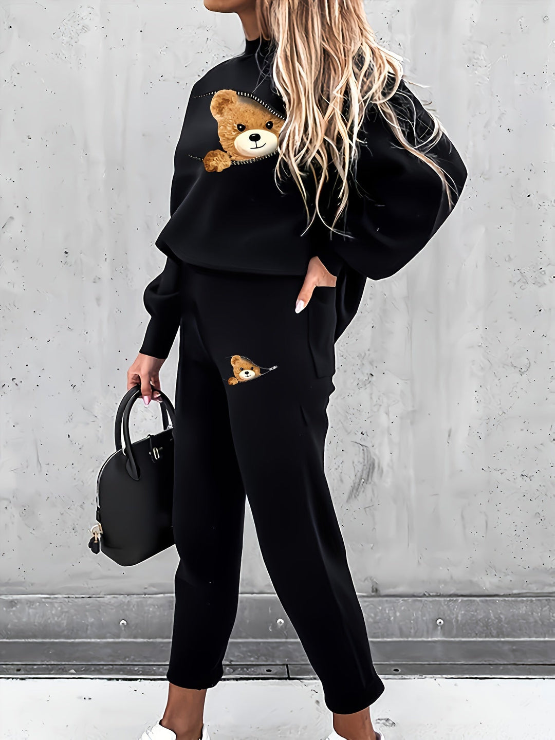 Casual todelt outfit med sødt bamseprint - Mila
