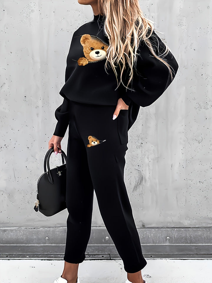 Casual todelt outfit med sødt bamseprint - Mila