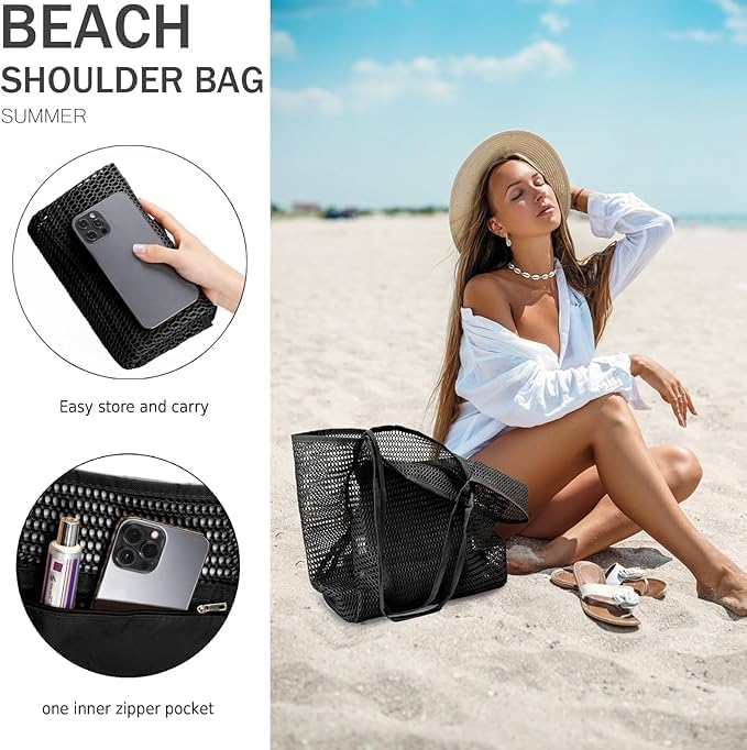 Foldbar mesh-strandtaske med indvendig lomme – Køb 1, få 1 GRATIS