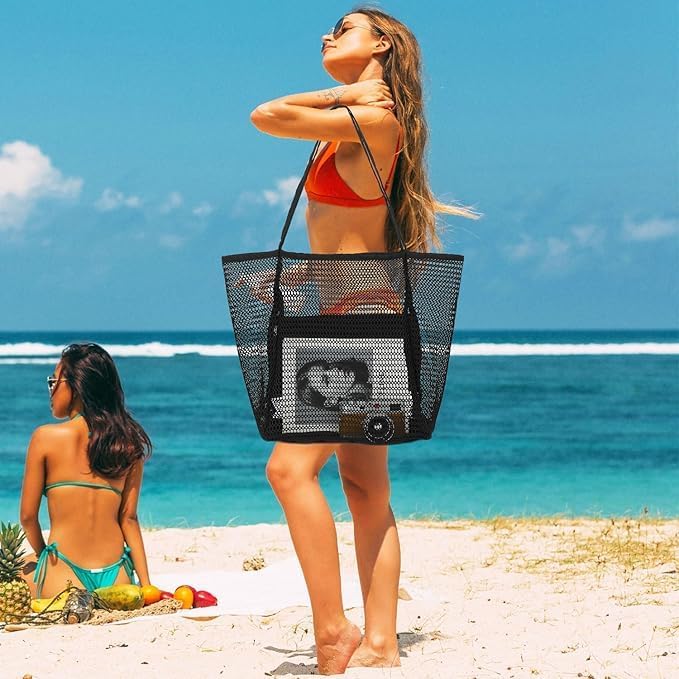 Foldbar mesh-strandtaske med indvendig lomme – Køb 1, få 1 GRATIS