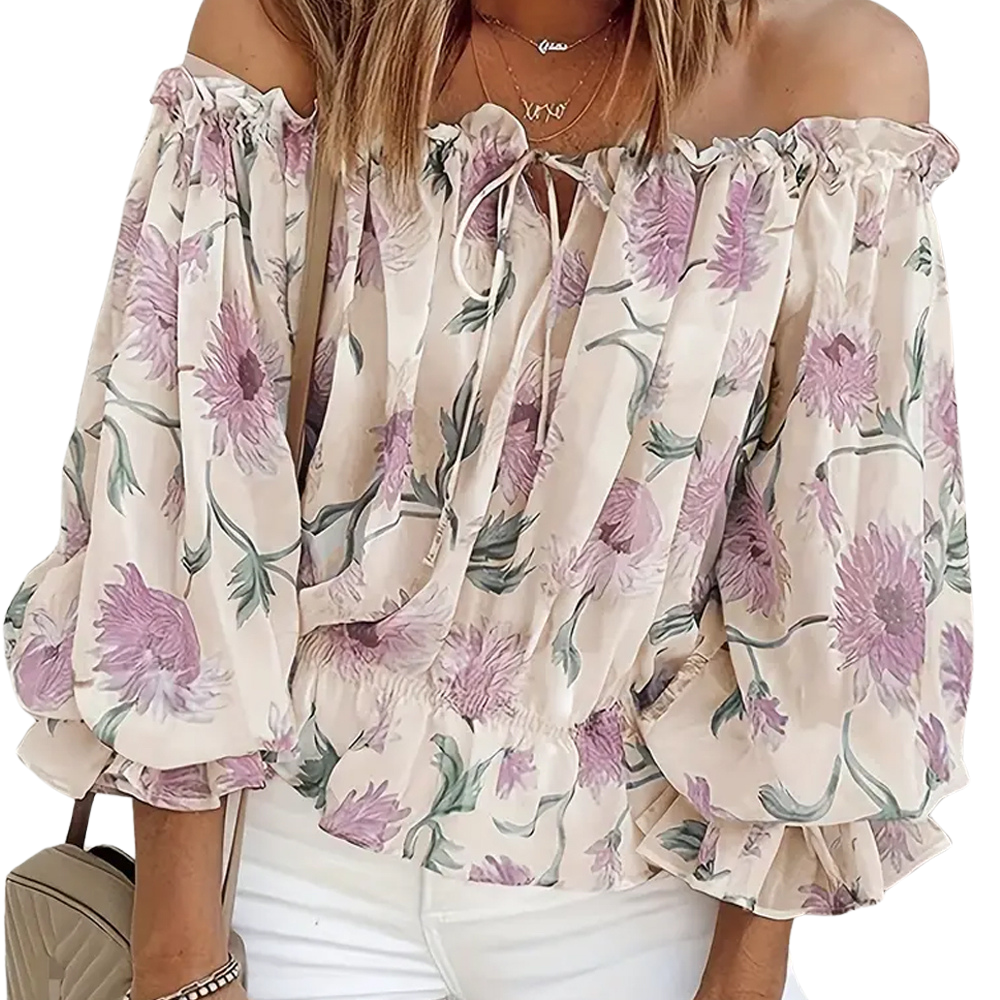 Off-shoulder blomsterbluse med flæser – Fayenne