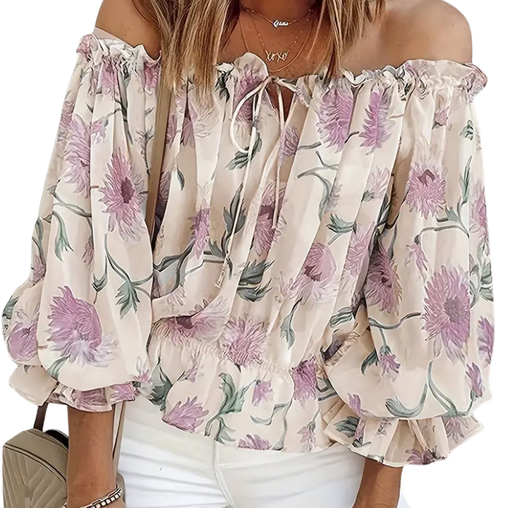 Off-shoulder blomsterbluse med flæser – Fayenne
