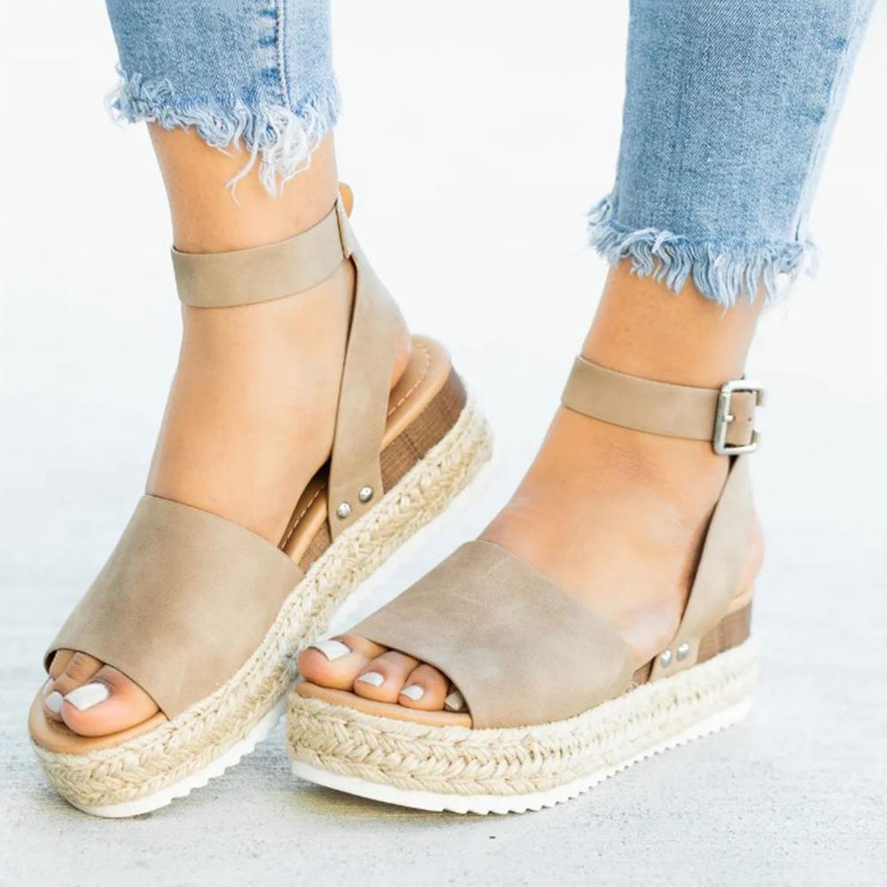 Damesandaler plateau-espadrille med kilehæl og remme – Livia