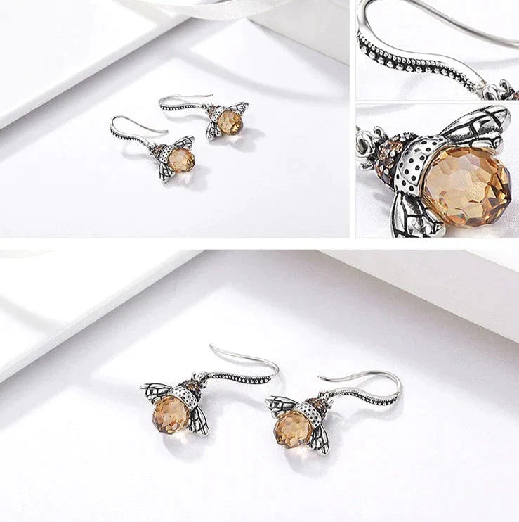 Bienen-Ohrringe aus Silber mit bernsteinfarbenem Kristall, eleganter Schmuck für Damen.
