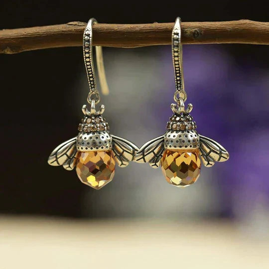 Bienen-Ohrringe aus Silber mit bernsteinfarbenem Kristall, handgefertigter Schmuck, Insekten-Design.