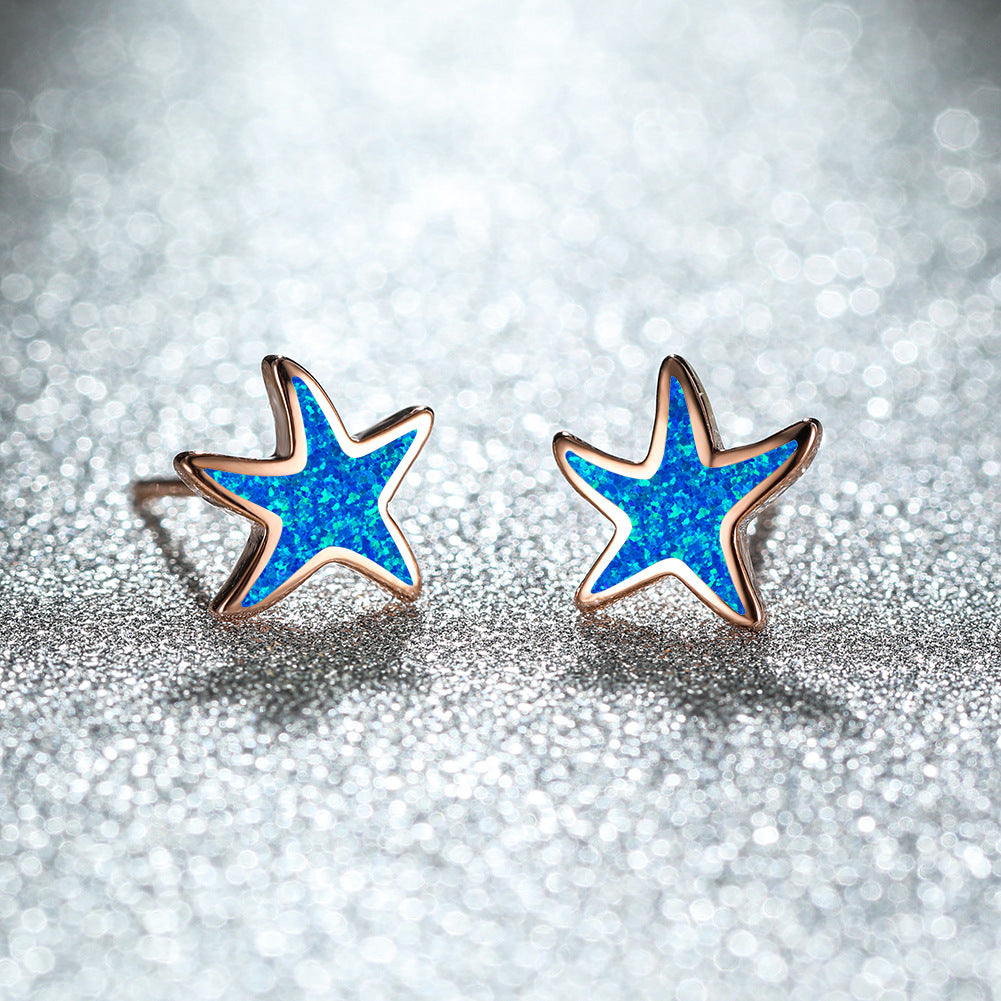 Blaue Seestern-Ohrringe, Glitzer, Silberfassung, modischer Schmuck, Damenaccessoire