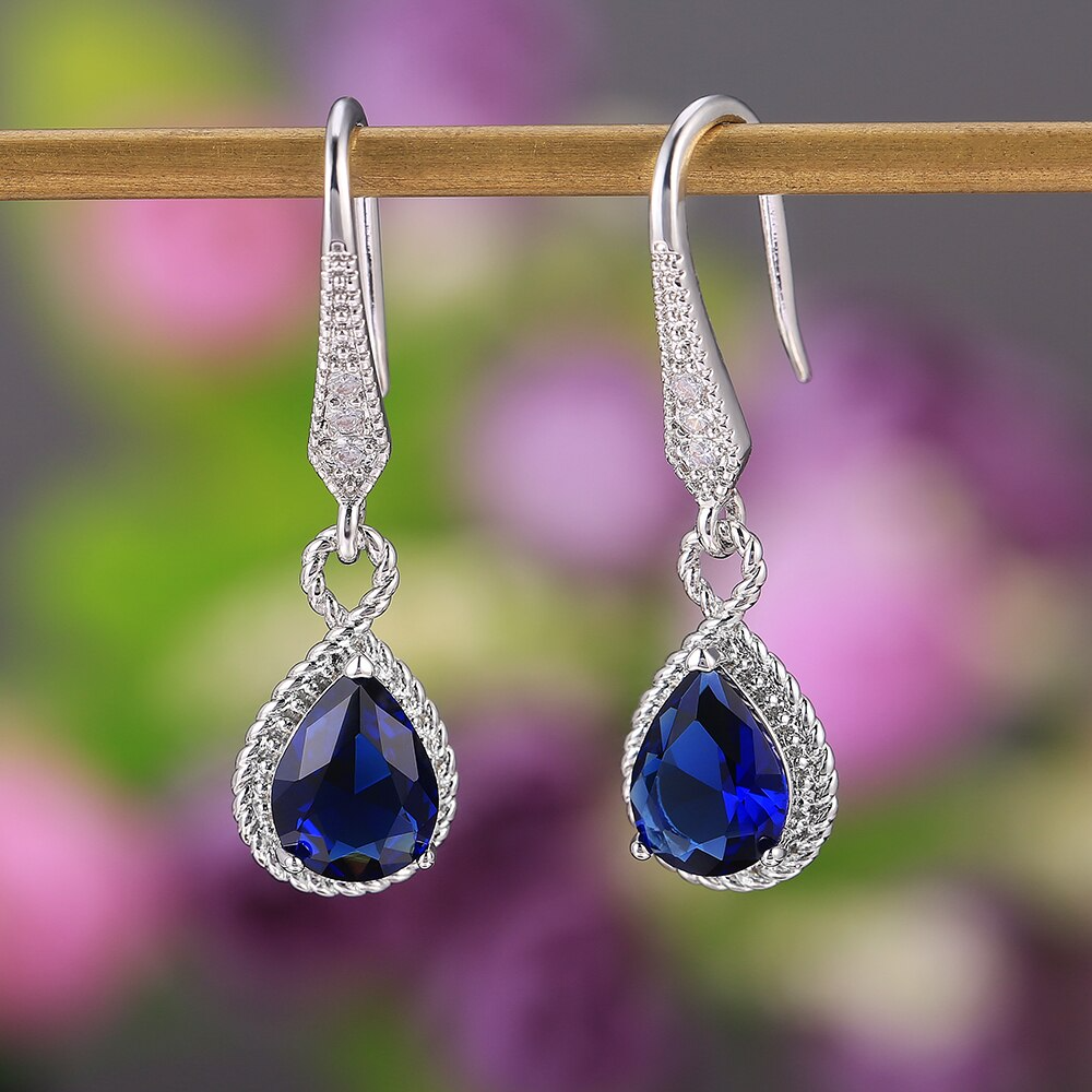 Blaue Zirkonia Ohrringe, Tropfenform, Silber, Damen, Hochzeitsschmuck, hochwertig.