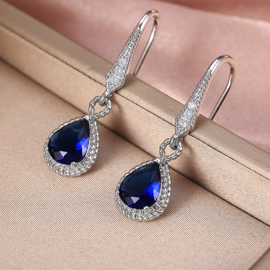Blaue Zirkonia Ohrringe, Tropfenform, Silber, Damen, Hochzeitsschmuck, elegant, hochwertig.