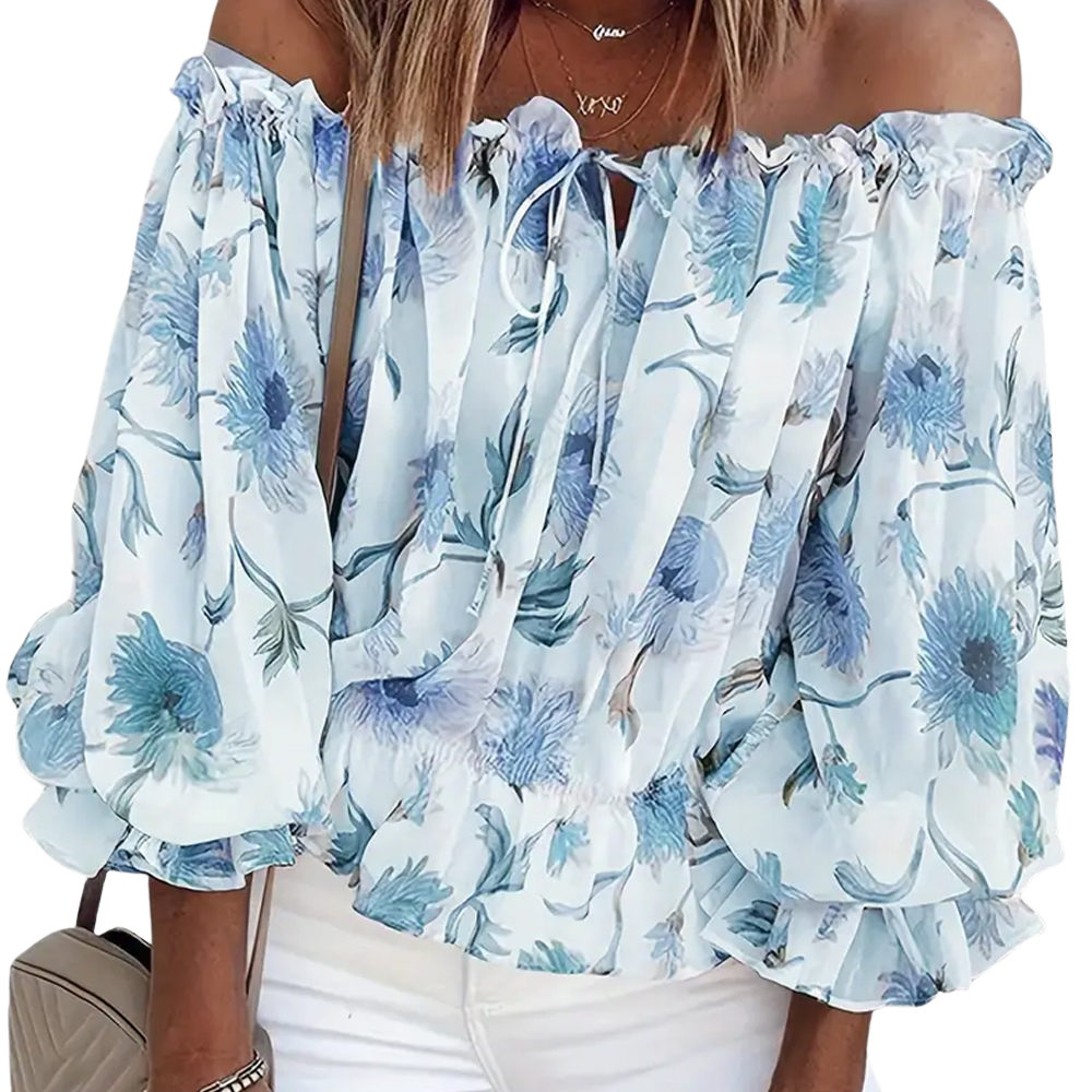 Off-shoulder blomsterbluse med flæser – Fayenne
