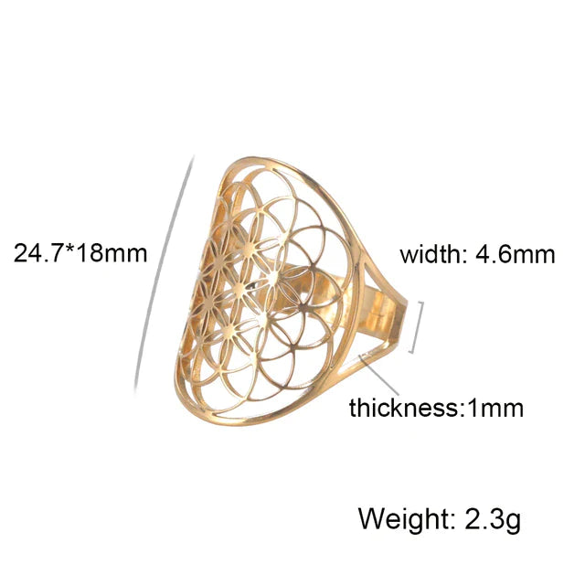 Goldener Ring mit geometrischem Muster, 24.7x18mm, Breite 4.6mm, Gewicht 2.3g, Schmuckdesign.