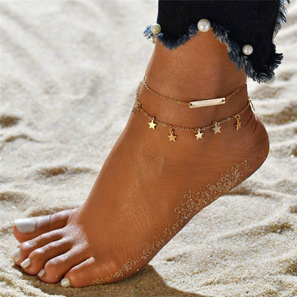 Boho Fußkettchen mit Zirkonia, goldfarben, Damen, Strand, Sterne, Schmuck, modisch.