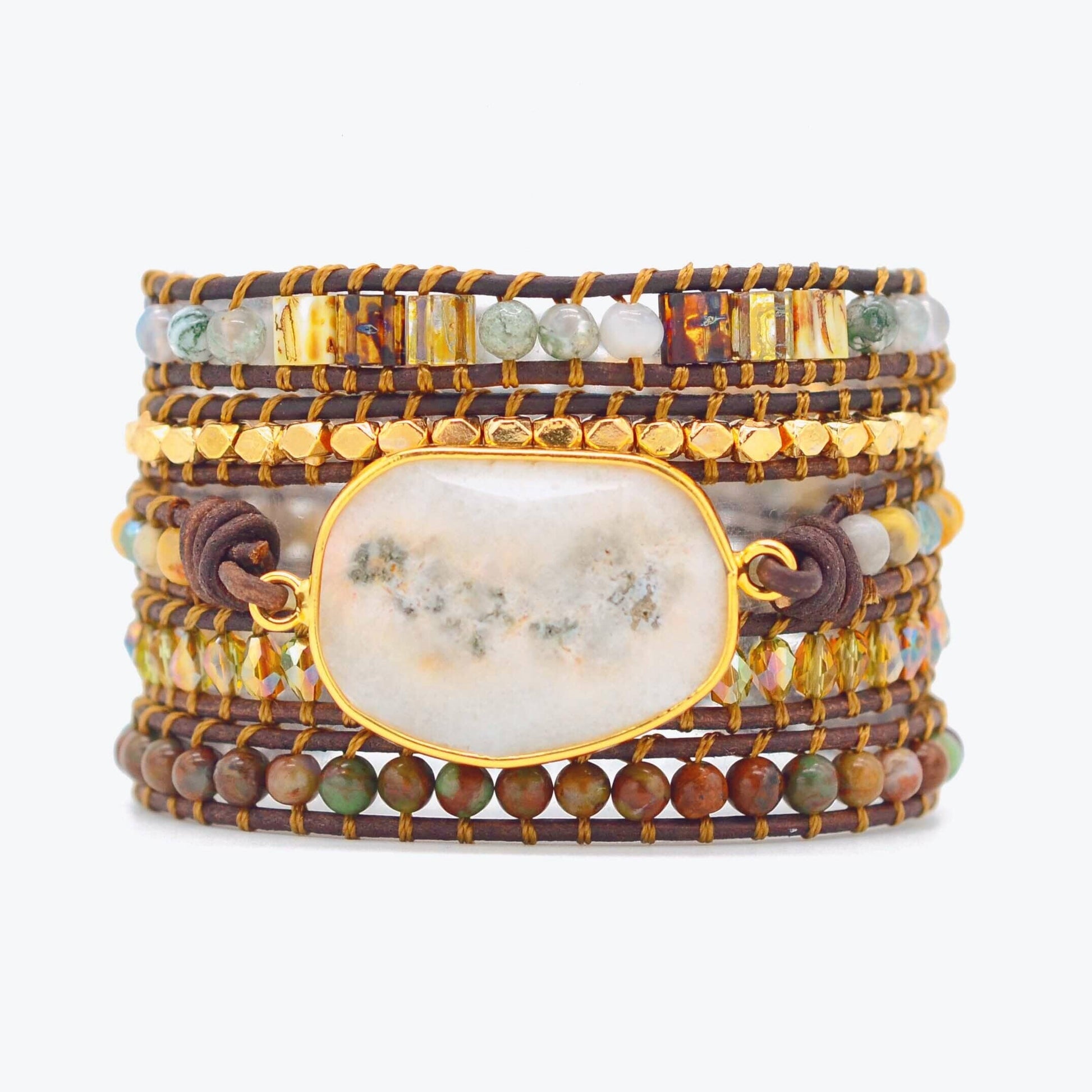 Boho Wickelarmband, Achat, Mondschein, handgemacht, mehrfarbig, Leder, Damen Schmuck, modisch