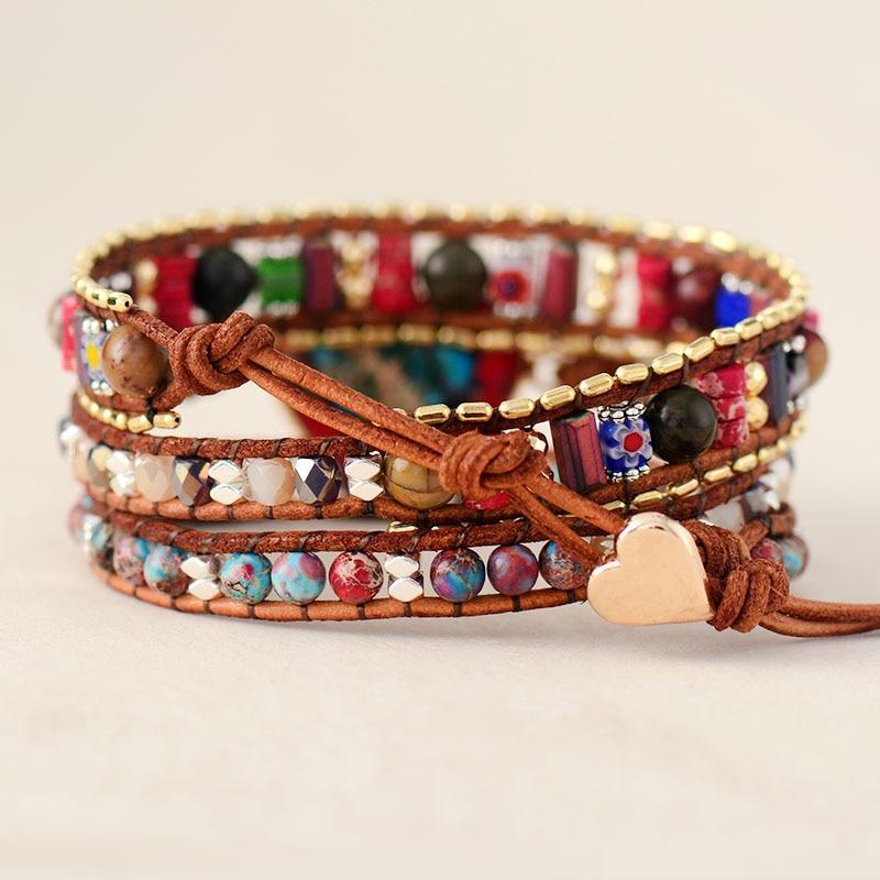 Boho Wickelarmband, Jaspis, Herzanhänger, handgemacht, mehrfarbig, Leder, Damen Schmuck.