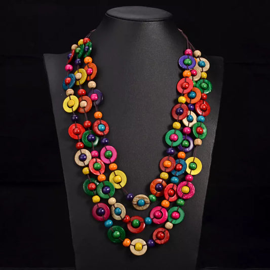 Bunte Holzperlenkette, handgefertigt, mehrfarbig, modisches Accessoire, Damen Schmuck.