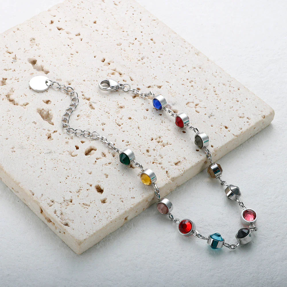 Armband mit bunten Kristallen, silberne Kette, Damen-Schmuck, modisch, elegant, Geschenkidee.