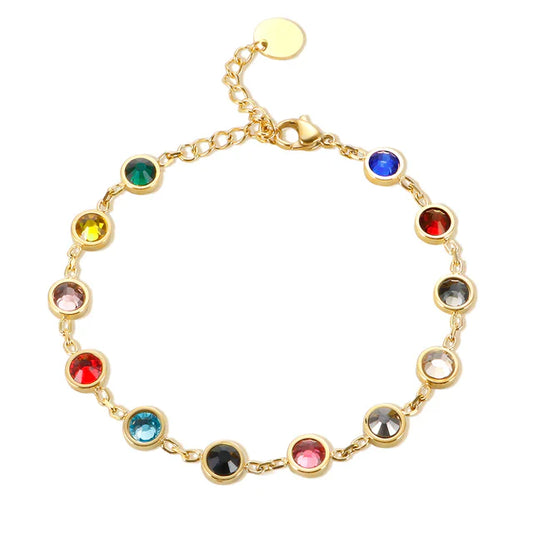 Goldarmband mit bunten Kristallen, verstellbar, modisches Schmuckstück, Damenaccessoire.